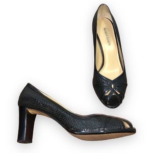 Karen Scott Jaycee Black Snake Print Leather Peep Toe Chunky Heels Size 7.5